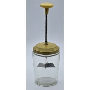 Vintage 1950 Acme Hand Operated Glass Butter Churn Mixer Yellow Lid Made USA